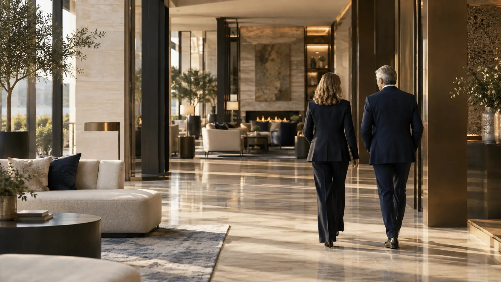 Two senior hospitality leaders walking through a contemporary hotel